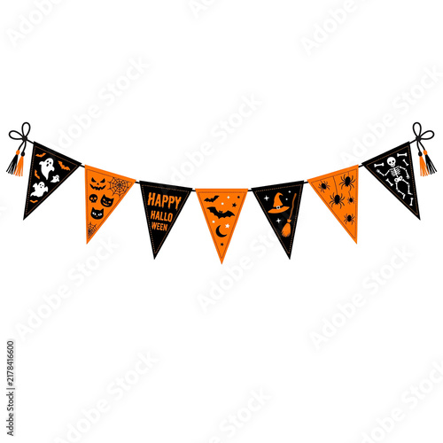 Halloween Bunting Banner with Spiders, Bats, and Witch Hat