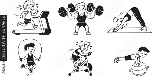 Fitness training exercises kids workout treadmill weightlifting yoga jump rope cycling and planking for healthy lifestyle education and gym promotion.