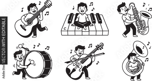 Musician kids playing musical instruments guitar piano saxophone drum cello and tuba for music education and entertainment school concert performance.