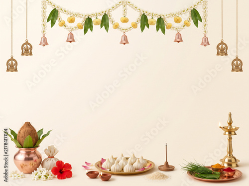 Beautiful Ganesh Chaturthi celebration banner featuring cascading jasmine garlands, mango leaves, decorative brass bells, copper kalash, coconut, hibiscus flowers, modaks and traditional puja offering