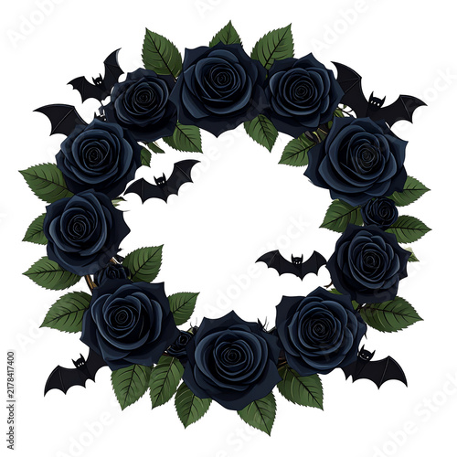 Gothic Wreath of Black Roses and Bats on Black Background