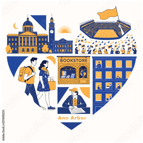 Ann Arbor College Town Heart Illustration: Students, Campus Life, Football Stadium, Bookstore, and Architecture in Blue & Gold