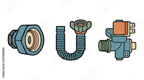 Vector illustration set of washing machine spare parts including plumbing hose and valve