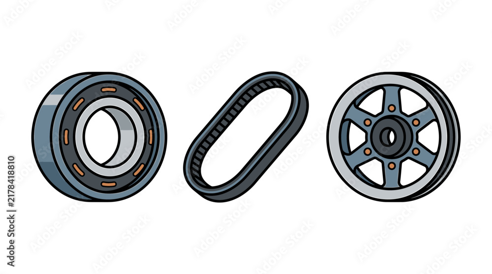 Obraz premium Vector illustration of mechanical ball bearing, drive belt, and pulley wheel for industrial engineering design
