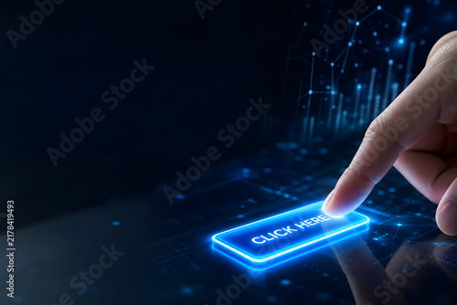 Hand touching digital screen, click here button glowing interface