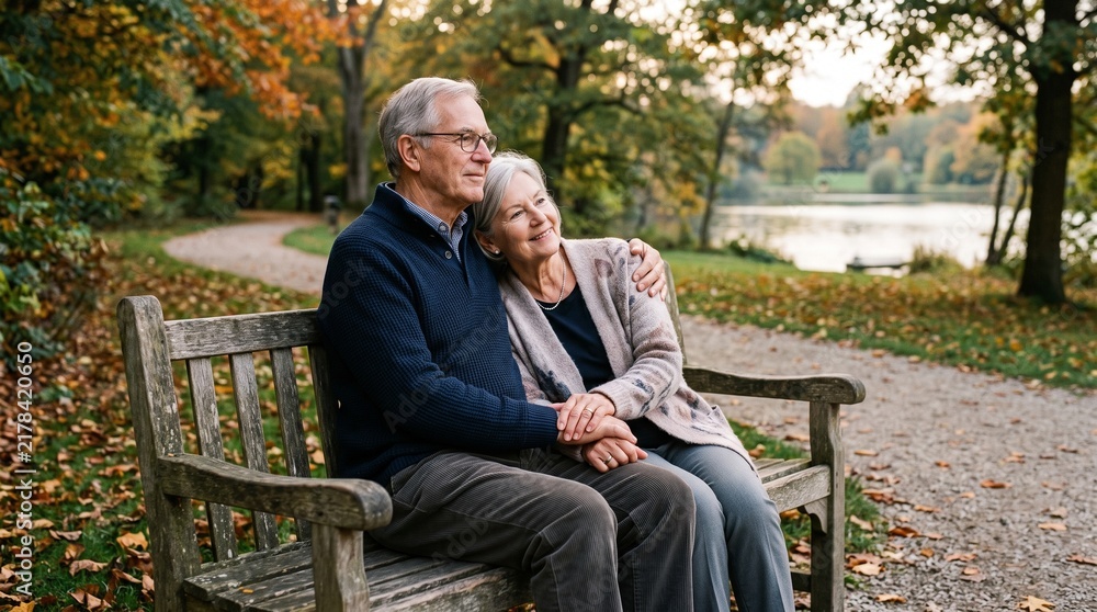 Fototapeta premium Elderly couple enjoying autumn park scenery sitting on a wooden bench holding hands and looking into the distance