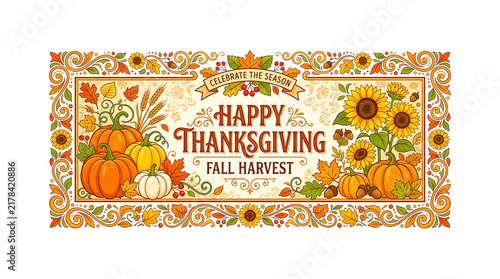 Happy Thanksgiving Fall Harvest Autumn Banner with Pumpkins and Sunflowers