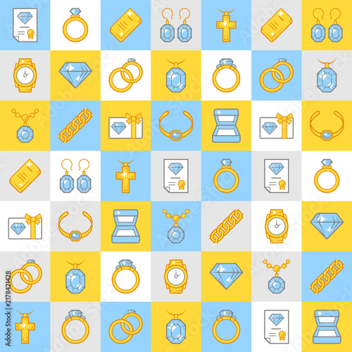 Jewelry and precious stones square pattern. Stylized illustration. Image for jewelry shop.