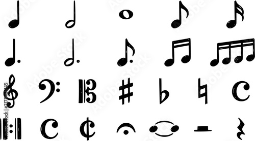 Obraz na plátně Black and White Hand-Drawn Musical Notes and Symbols Vector Art