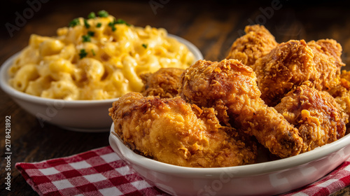 Crispy fried chicken with creamy mac and cheese served on rustic table for comfort food