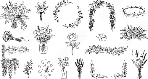 Hand Drawn Wedding Floral Arrangements and Botanical Arch Clipart Set