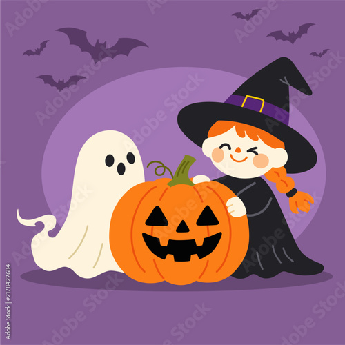 Cute Halloween vector illustration with a little witch girl, friendly ghost, and jack o lantern pumpkin