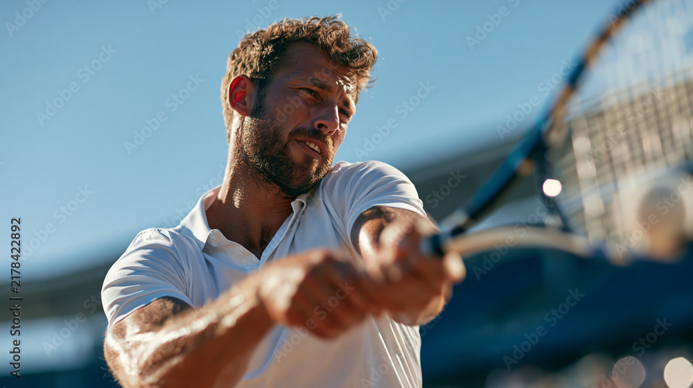 Obraz premium Photorealistic young athletic man playing tennis outdoors, mid-swing hitting the ball with a tennis racket, dynamic action pose, wearing a simple white polo shirt, natural human sk