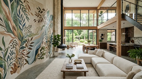 Modern living room with botanical mural, fireplace, and large windows