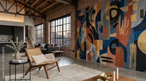 Modern Loft Apartment with Abstract Art Mural and City View