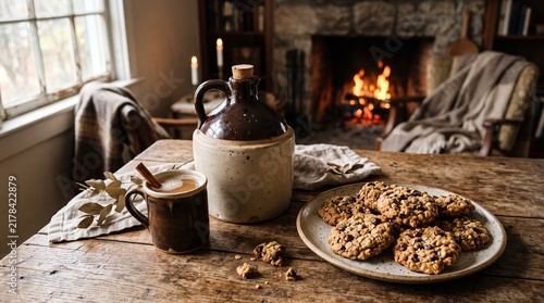Cozy Autumn Scene with Hot Drink Cookies and Fireplace