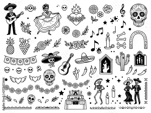 Fotografie Mexican Day of the Dead vector icons set, hand drawn sugar skull and skeleton ch