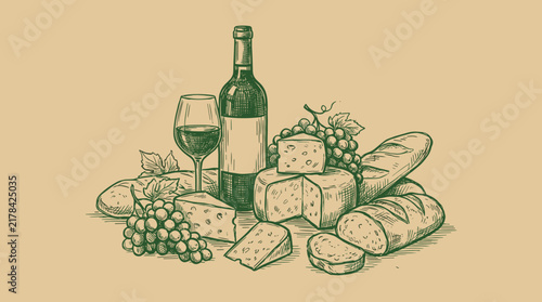 Vintage hand drawn sketch of wine bottle, cheese, bread, and grapes still life.