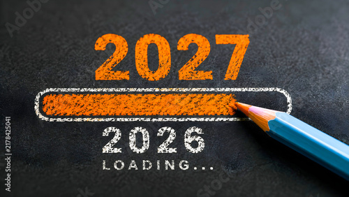 2026 Loading Progress Bar with Pencil on Blackboard, 2027 Future Year Concept, Orange Chalk Text, New Year Countdown Idea