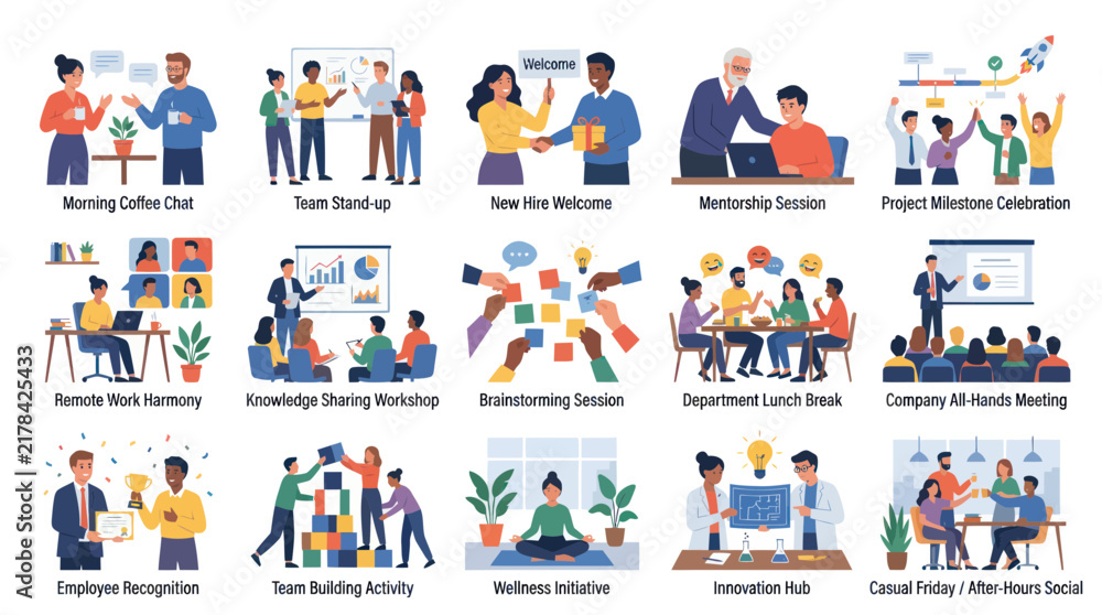 Fototapeta premium Flat Illustration: Business Team Collaborating, Celebrating Success, and Working Remotely