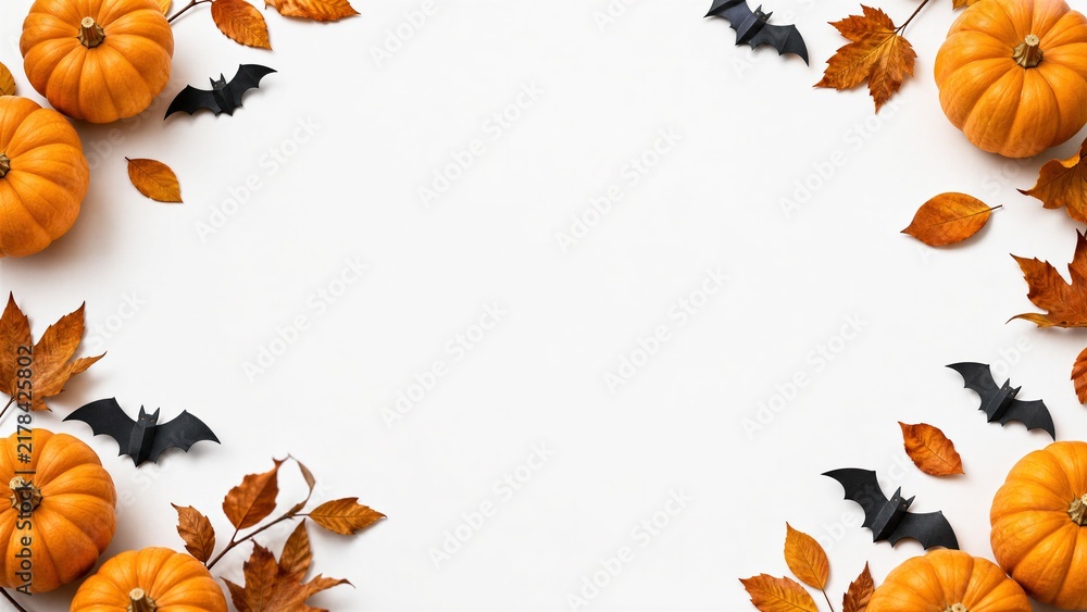 Fototapeta premium Halloween background with pumpkins, autumn leaves and bats on white copy space