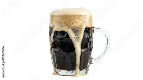 Frothy dark beer in glass mug isolated on transparent background