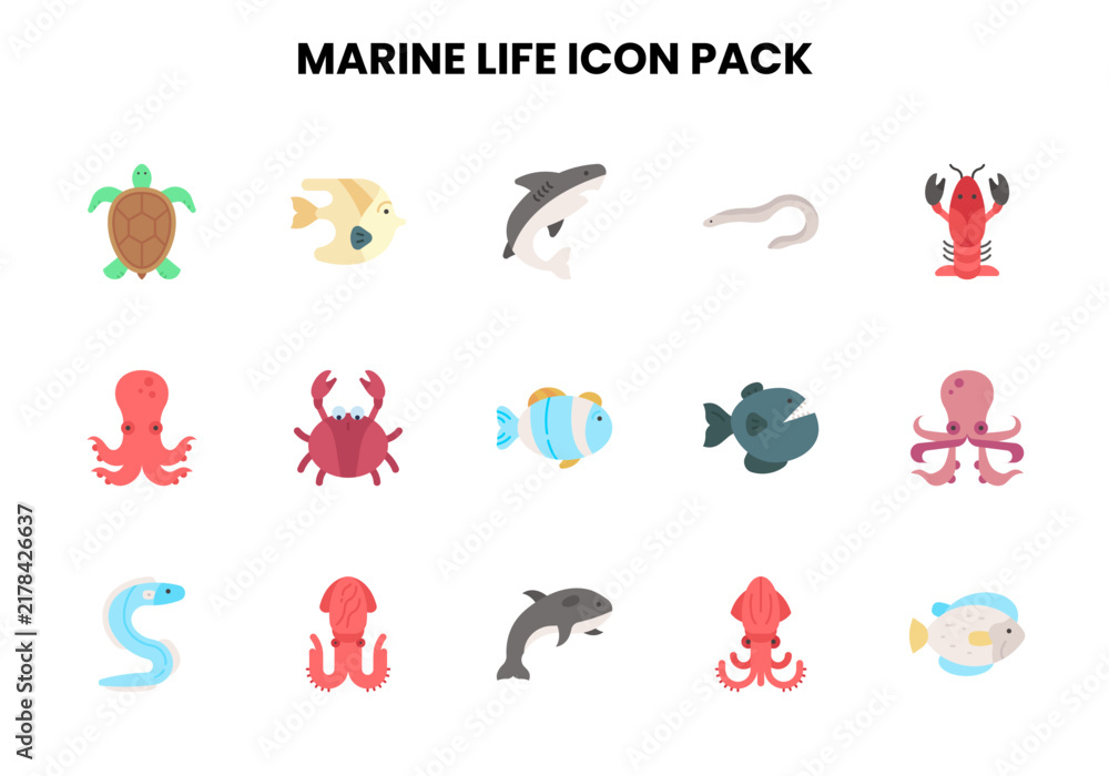Fototapeta premium Marine Life Flat Scalable Icons Pack
