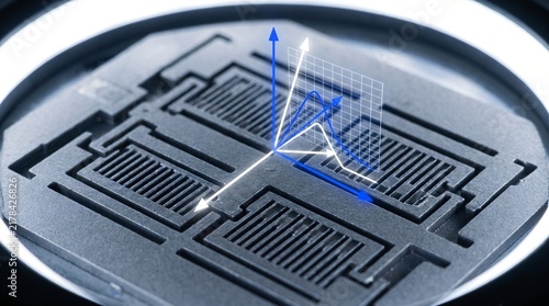 Macro view of silicon microelectromechanical systems MEMS chip sensor with digital coordinate axis overlay in laboratory research