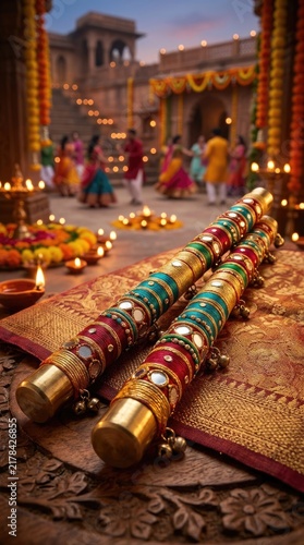 Navaratri celebration dandiya stick pair decorated with thread, mirror work on silk textile, blurred garba dance performer background, traditional hindu festival ceremony.