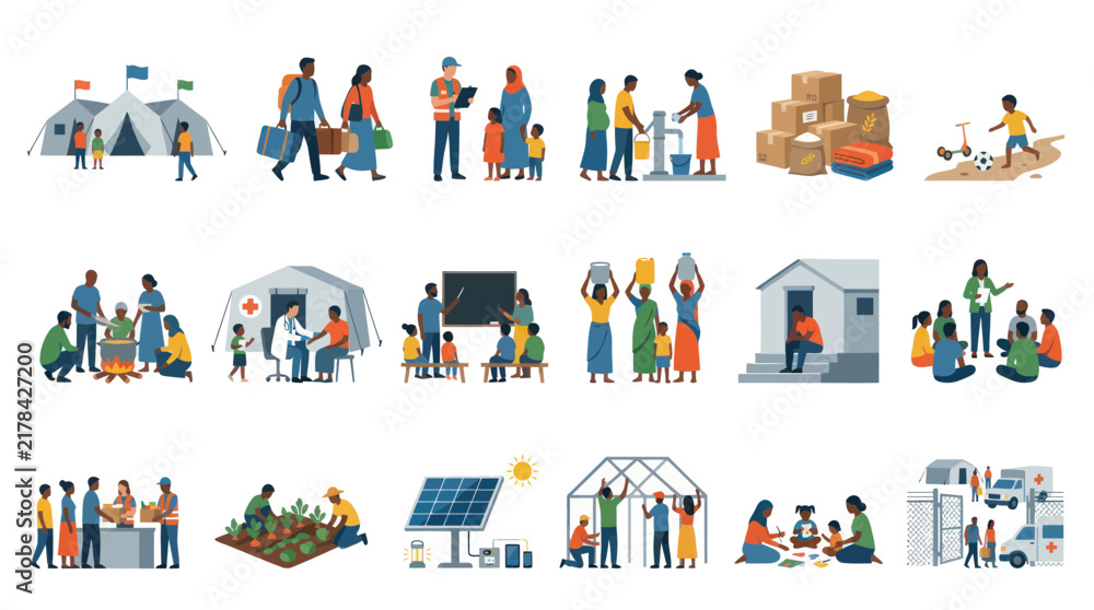 Fototapeta premium Flat Illustration: Humanitarian Aid, Relief, Community Support, Education, Healthcare, Shelter