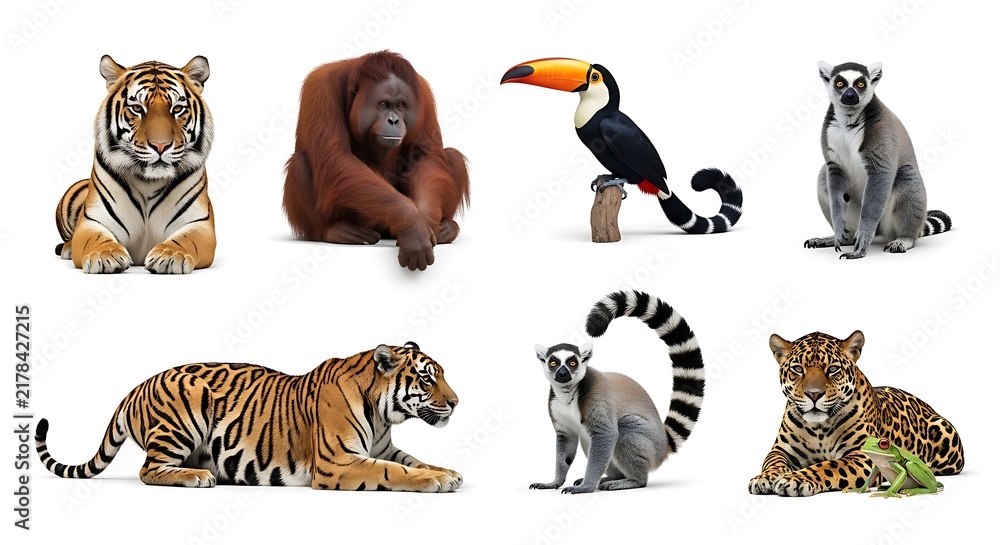 Obraz premium Collection of Various Exotic Animals Including Tigers, Orangutan, Toucan, Lemur, and Leopard on a White Background