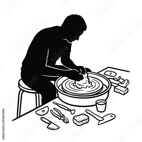 Artisan shaping wet clay on a spinning pottery wheel surrounded by sculpting tools.