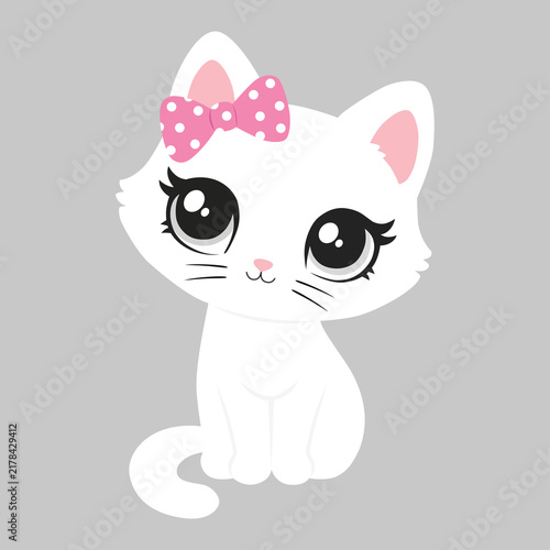 Cute white cat illustration with pink bow, heart-shaped nose and heart detail, isolated on a soft gray background. Adorable kawaii kitten design for cards, stickers, gifts, posters and nursery decor.