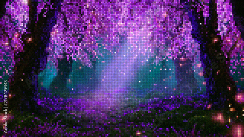 Enchanted pixelated purple woodland with shimmering magical lights, ideal for fantasy game scenes and retro art.