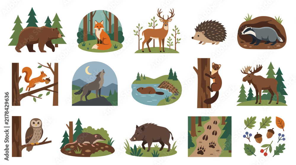 Obraz premium Flat Vector Collection of European Forest Animals and Wildlife Icons Nature and Environment