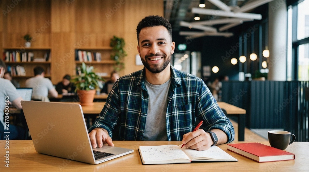 Obraz premium Smiling student working with laptop and notebook in a coworking space.