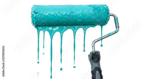Paint roller with dripping turquoise paint isolated on transparent background