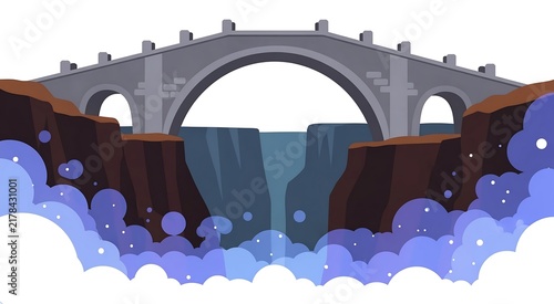 Scenic Stone Bridge over Canyon Waterfall with Dynamic Rushing Water