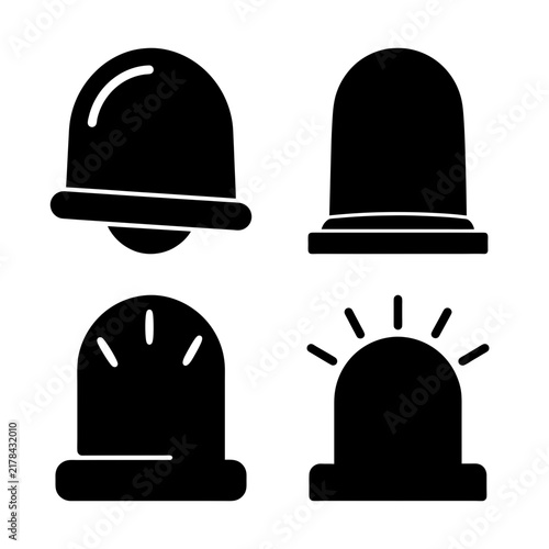 Four police light icons in black and white - Set of four minimalist police or emergency light icons with reflective tops, ideal for safety or alert graphics.