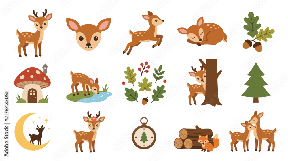 Fototapeta premium Cute Woodland Deer Family and Forest Elements Flat Vector Illustration