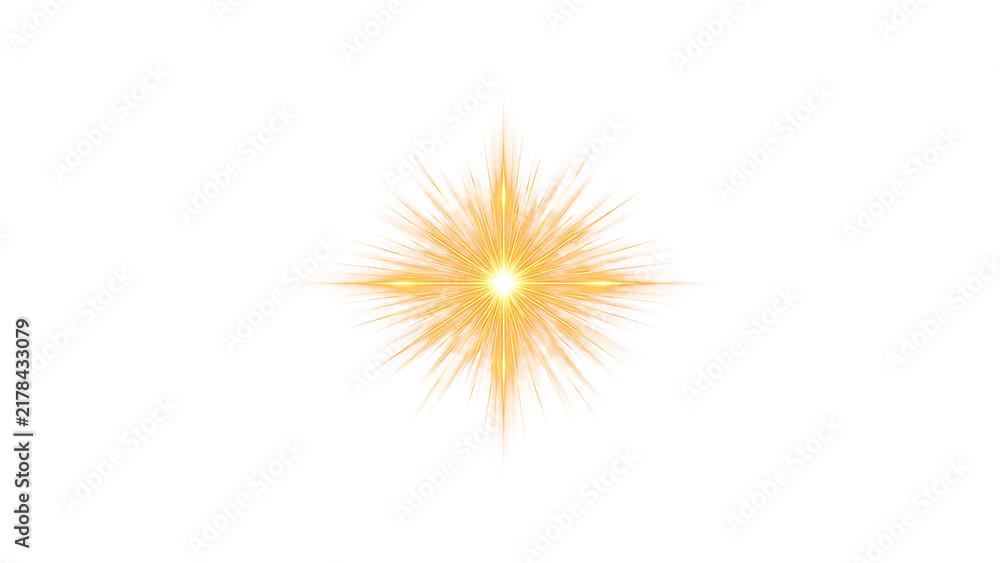 Fototapeta premium Bright golden starburst light effect on transparent background. Vibrant glowing lens flare with intense radiating rays