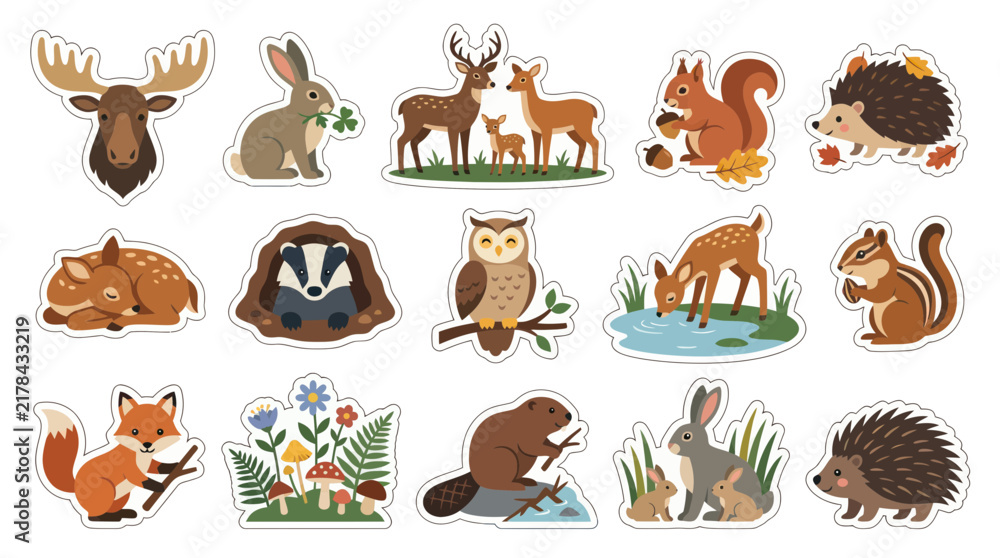 Obraz premium Cute Woodland Animals Sticker Set - Flat Design, Vector Illustration