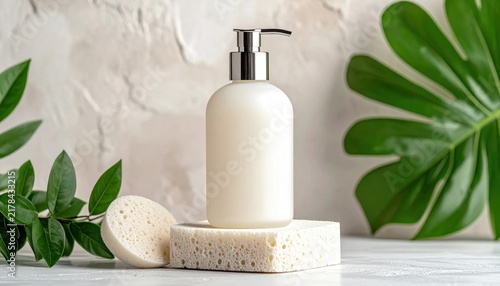 Blank pump bottle for skincare cosmetics on stone podium with monstera leaves, spa treatment, natural beauty, hygiene, organic self-care branding mockup