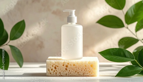 Blank pump bottle on textured sponge base, natural skin care presentation, organic beauty branding