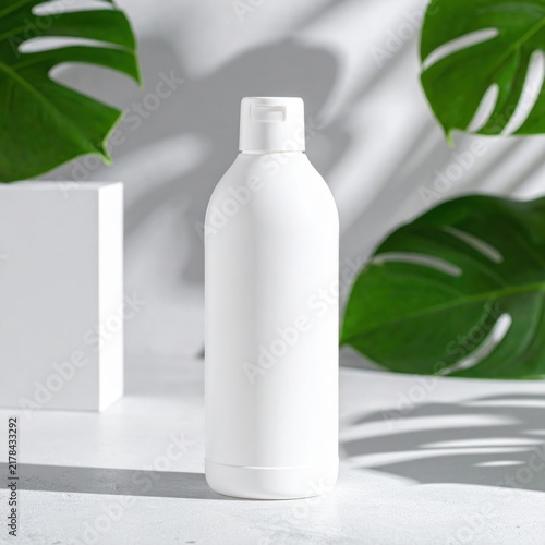 Blank white cosmetic bottle mockup with tropical leaves, skincare branding packaging, sustainable beauty, natural spa supplies