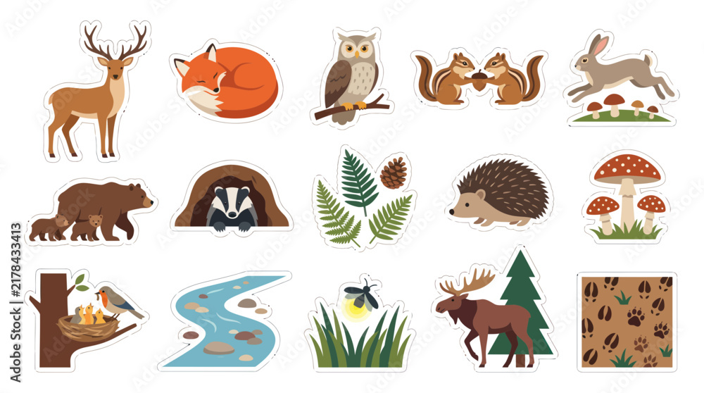 Obraz premium Cute Forest Animals Stickers Pack - Flat Design Vector Icons