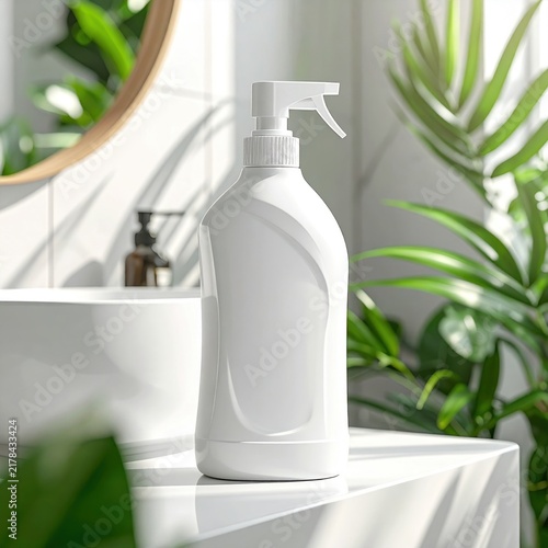 Blank white spray bottle for cleaning detergent or cosmetics on a vanity in a bright modern bathroom with green plants