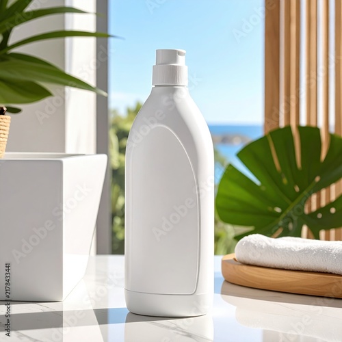 Blank white pump bottle for skincare cosmetic products, bathroom vanity counter, spa resort backdrop, luxury grooming, liquid soap lotion