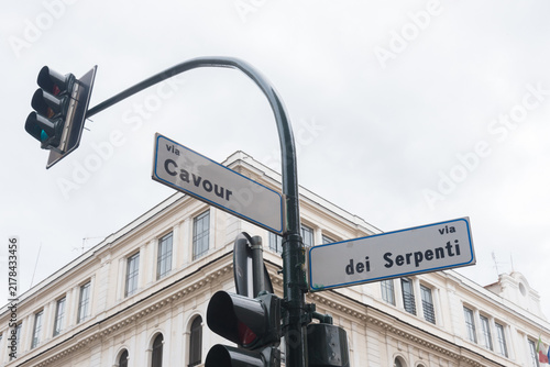 Canvastavla Rome Street Signs at Via Cavour and Via dei Serpenti Intersection
