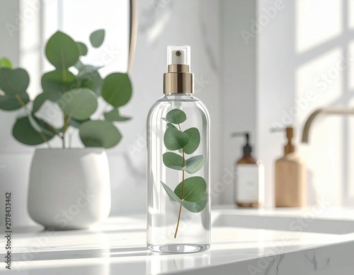 Clear glass spray bottle with eucalyptus branch inside, bathroom vanity setting, spa skincare product presentation